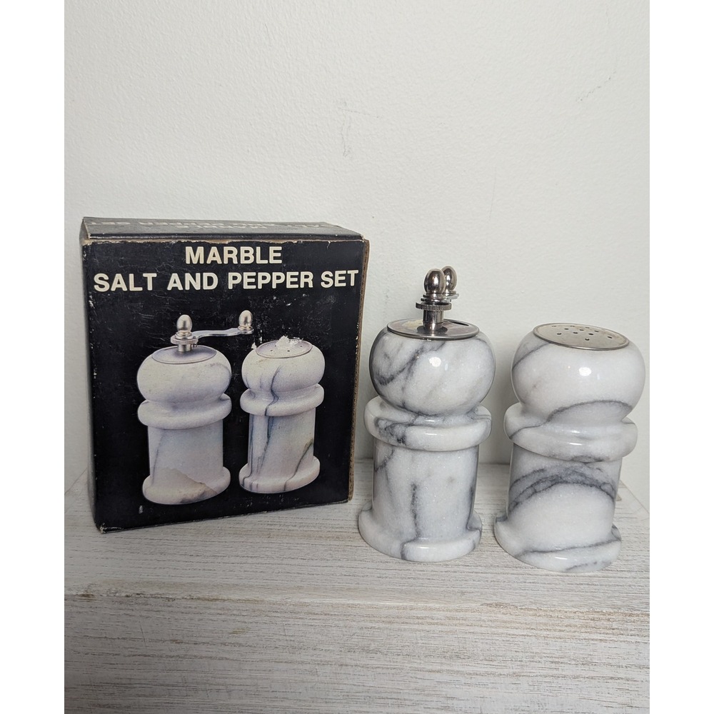 Vintage 4" White Marble Salt and Pepper Set Manual Crank Pepper Mill Shaker Box